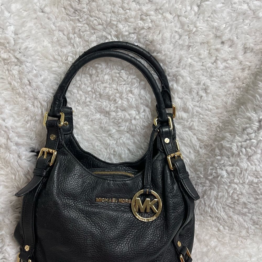 Michael Kors Black Pebble Leather Satchel with gold tone hardwares and accents. - Picture 3 of 16